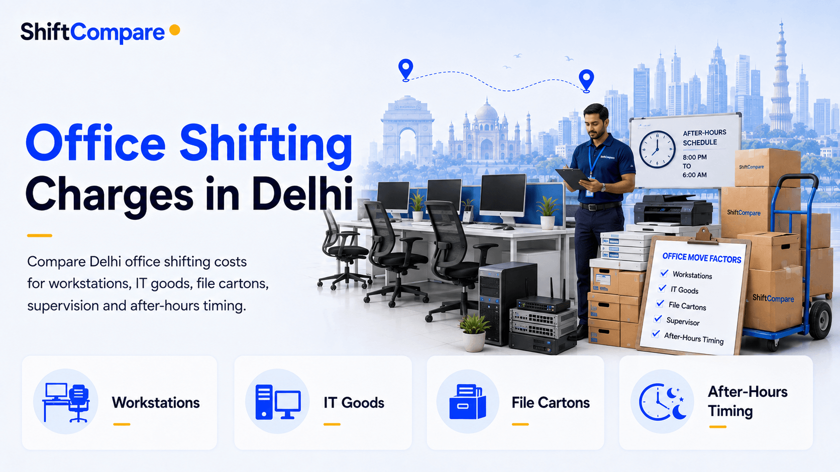 Office shifting charges in Delhi by seat count, IT packing and move timing
